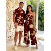 Vacation Couple Outfit Hand‑Drawn Orchid Floral Print Pocket Off the Shoulder Jumpsuit and Shirt Set - Rouge foncé S | US 4