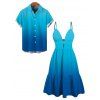 Vacation Couple Outfit Ombre Print Cut Out Tired Plunging Neck Flowy Dress and Shirt Set - Bleu S | US 4