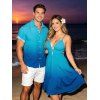 Vacation Couple Outfit Ombre Print Cut Out Tired Plunging Neck Flowy Dress and Shirt Set - Bleu S | US 4