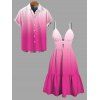 Vacation Couple Outfit Ombre Print Cut Out Tired Plunging Neck Flowy Dress and Shirt Set - Rose Vif S | US 4