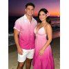 Vacation Couple Outfit Ombre Print Cut Out Tired Plunging Neck Flowy Dress and Shirt Set - Rose Vif S | US 4