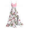 Vacation Dress Watercolor Pink Peony Floral Print Lace Hollow Out Slit Dress - Rose XXXXXL | US 20