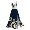 Vacation Dress Golden Lily Floral Print Lace Hollow Out Spaghetti Strap Slit Dress - Bleu de Minuit XXXXXL | US 20