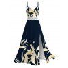 Hawaiian Vacation Couple Outfit Golden Lily Floral Print Lace Hollow Out Spaghetti Strap Slit Dress and Shirt Set - Bleu de Minuit S | US 4