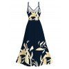 Hawaiian Vacation Couple Outfit Golden Lily Floral Print Lace Hollow Out Spaghetti Strap Slit Dress and Shirt Set - Bleu de Minuit S | US 4