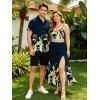 Hawaiian Vacation Couple Outfit Golden Lily Floral Print Lace Hollow Out Spaghetti Strap Slit Dress and Shirt Set - Bleu de Minuit S | US 4