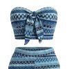 Bohemian Vacation Crochet Two Piece Set: Zig Zag Geometric Print Bowknot Off the Shoulder Cropped Top, Scalloped Shorts - Bleu XL | US 12