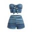 Bohemian Vacation Crochet Two Piece Set: Zig Zag Geometric Print Bowknot Off the Shoulder Cropped Top, Scalloped Shorts - Bleu XL | US 12