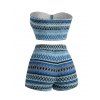 Bohemian Vacation Crochet Two Piece Set: Zig Zag Geometric Print Bowknot Off the Shoulder Cropped Top, Scalloped Shorts - Bleu XL | US 12