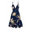 Vacation Dress Lily Floral Print Cut Out Plunging Neck Tired Flowy Dress - Bleu de Minuit XXL | US 14