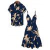 Vacation Couple Outfit Lily Floral Print Cut Out Plunging Neck Tired Flowy Dress and Shirt Set - Bleu de Minuit S | US 4