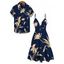 Vacation Couple Outfit Lily Floral Print Cut Out Plunging Neck Tired Flowy Dress and Shirt Set - Bleu de Minuit S | US 4