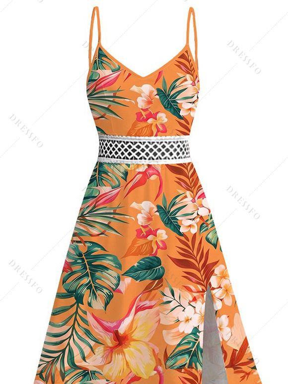 Vacation for Beach Dress Tropical Hibiscus Floral Monstera Leaf Print Lace Hollow Out Slit Dress - Orange XXXXXL | US 20