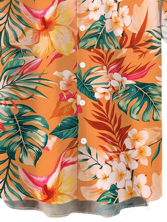 Men's Vacation for Beach Shirt Tropical Hibiscus Floral Monstera Leaf Print Button Up Shirt - Orange 5XL
