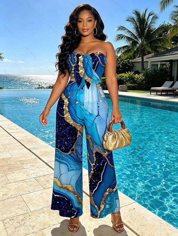 Vacation Jumpsuit Colorblock Marbled Sequined Printed Bowknot Pocket Off the Shoulder Jumpsuit - Bleu XXL | US 14