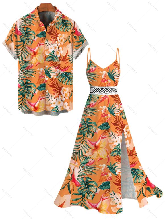 Vacation for Beach Couple Outfit Tropical Hibiscus Floral Monstera Leaf Print Lace Hollow Out Slit Dress and Shirt Set - Orange S | US 4