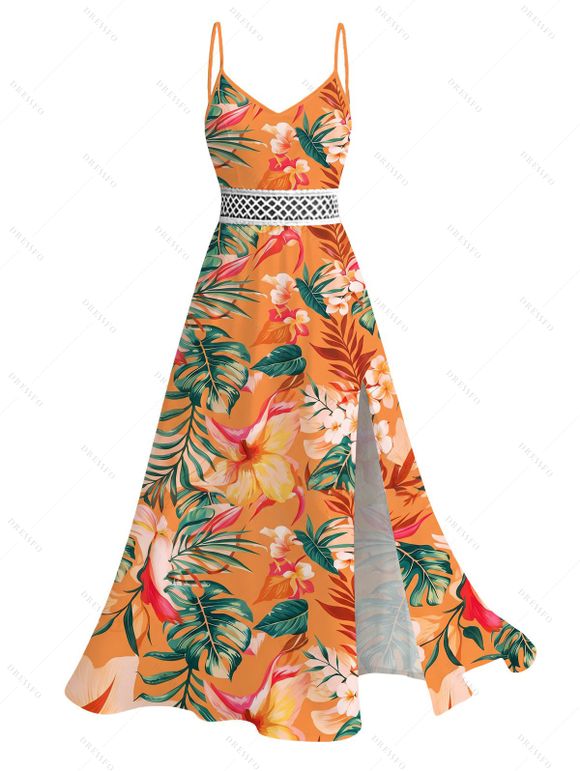 Vacation for Beach Couple Outfit Tropical Hibiscus Floral Monstera Leaf Print Lace Hollow Out Slit Dress and Shirt Set - Orange S | US 4