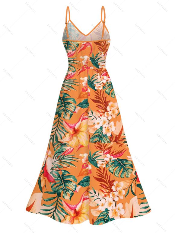Vacation for Beach Couple Outfit Tropical Hibiscus Floral Monstera Leaf Print Lace Hollow Out Slit Dress and Shirt Set - Orange S | US 4