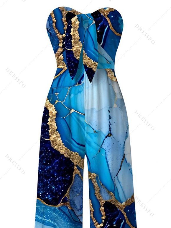Vacation Jumpsuit Colorblock Marbled Sequined Printed Bowknot Pocket Off the Shoulder Jumpsuit - Bleu XXL | US 14