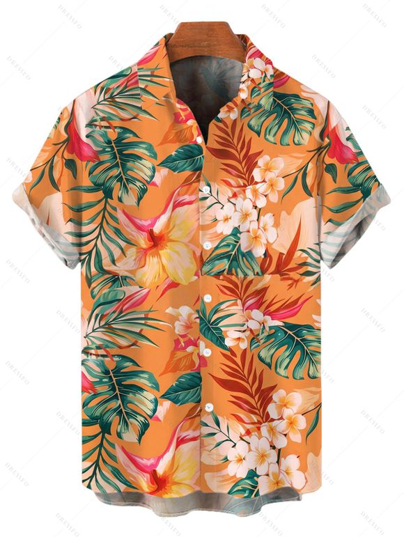 Vacation for Beach Couple Outfit Tropical Hibiscus Floral Monstera Leaf Print Lace Hollow Out Slit Dress and Shirt Set - Orange S | US 4