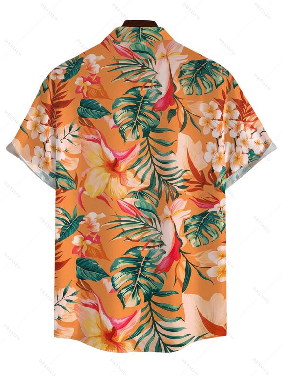Vacation for Beach Couple Outfit Tropical Hibiscus Floral Monstera Leaf Print Lace Hollow Out Slit Dress and Shirt Set - Orange S | US 4