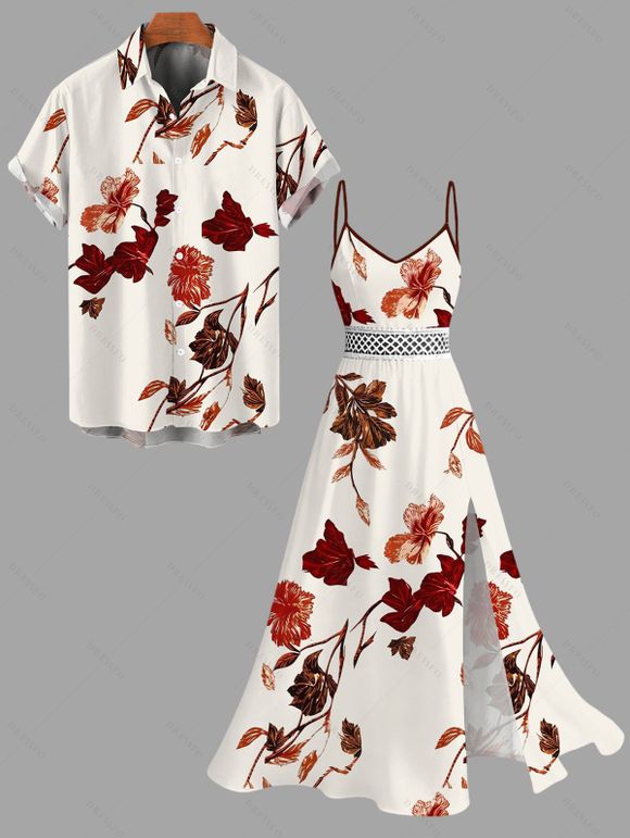 Vacation Couple Outfit Gradient Autumn Leaf Pattern Lace Hollow Out Slit Dress and Shirt Set - Abricot S | US 4