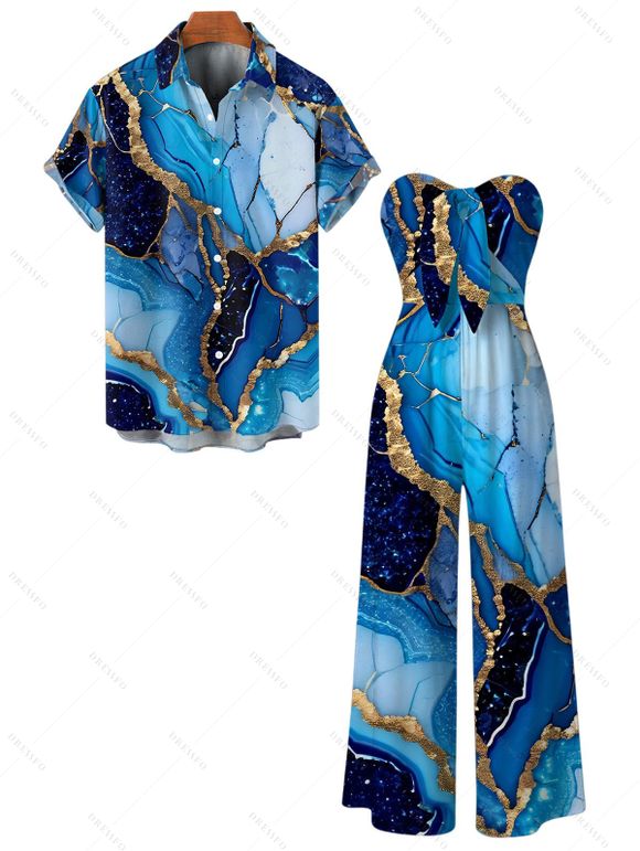 Vacation Couple Outfit Colorblock Marbled Sequined Printed Bowknot Pocket Off the Shoulder Jumpsuit and Shirt Set - Bleu S | US 4