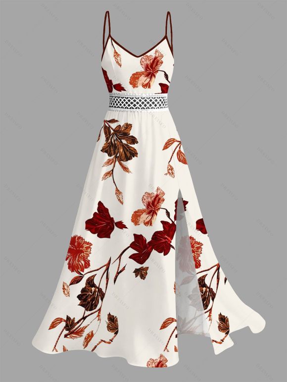 Vacation Couple Outfit Gradient Autumn Leaf Pattern Lace Hollow Out Slit Dress and Shirt Set - Abricot S | US 4