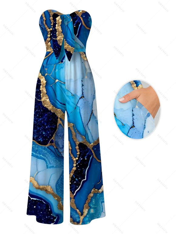 Vacation Couple Outfit Colorblock Marbled Sequined Printed Bowknot Pocket Off the Shoulder Jumpsuit and Shirt Set - Bleu S | US 4