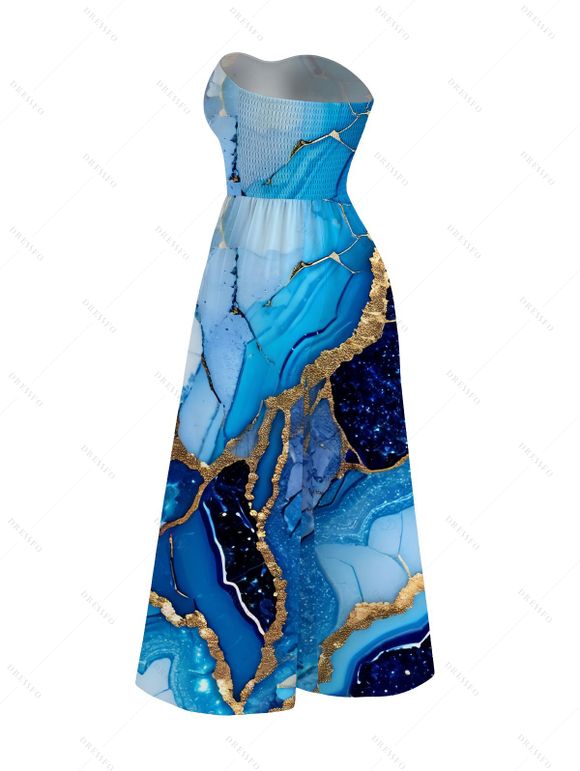 Vacation Couple Outfit Colorblock Marbled Sequined Printed Bowknot Pocket Off the Shoulder Jumpsuit and Shirt Set - Bleu S | US 4