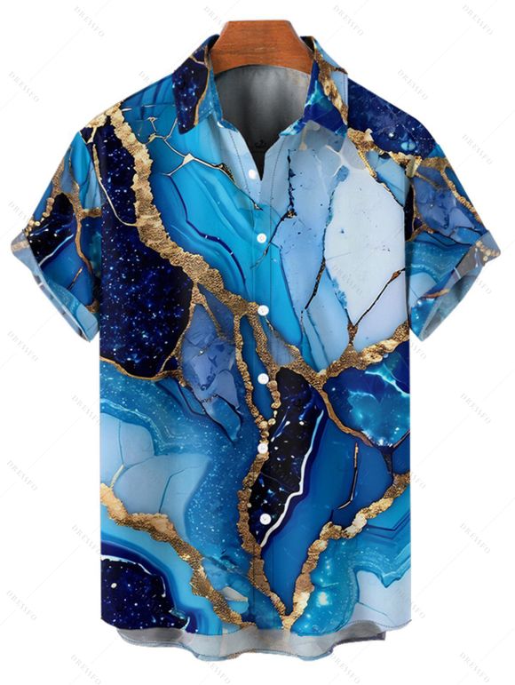Vacation Couple Outfit Colorblock Marbled Sequined Printed Bowknot Pocket Off the Shoulder Jumpsuit and Shirt Set - Bleu S | US 4