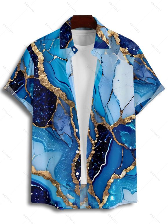 Vacation Couple Outfit Colorblock Marbled Sequined Printed Bowknot Pocket Off the Shoulder Jumpsuit and Shirt Set - Bleu S | US 4