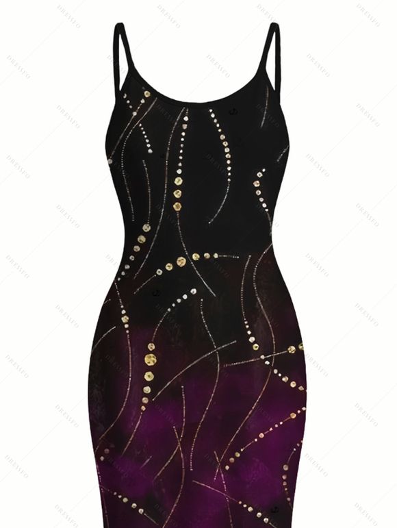 Party Dress Ombre Rhinestone Curve Line Print Spaghetti Strap Bodycon Prom Dress - Noir XXL | US 14
