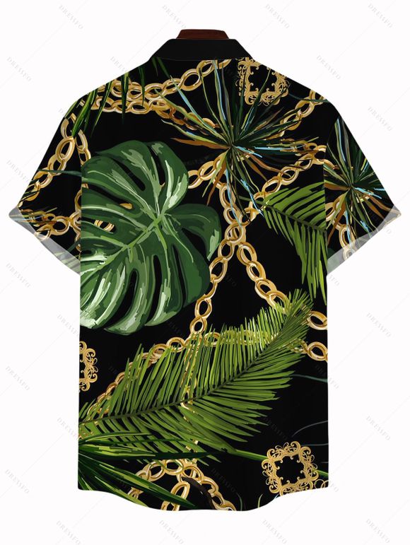 Men's Beach Vacation Shirt Golden Chain Monstera Leaf Print Button Up Shirt - Noir 5XL
