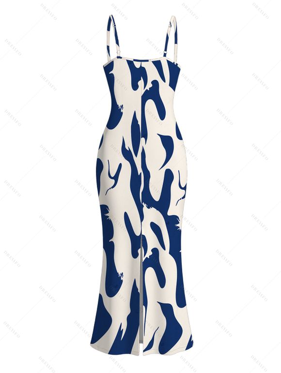 Vacation Dress Contrast Color Ink Wash Irregular Brush Stroke Print Spaghetti Strap Bodycon Dress - Bleu profond XXL | US 14