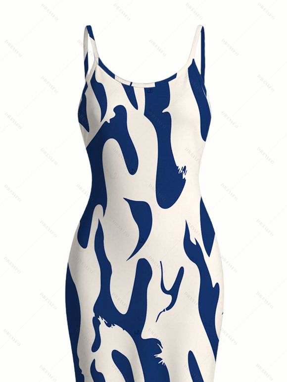Vacation Dress Contrast Color Ink Wash Irregular Brush Stroke Print Spaghetti Strap Bodycon Dress - Bleu profond XXL | US 14