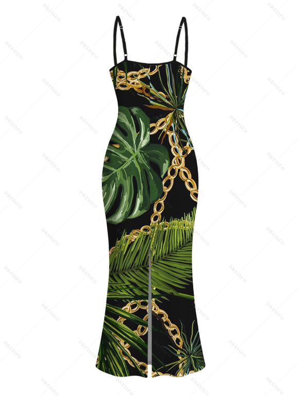 Beach Vacation Dress Golden Chain Monstera Leaf Print Spaghetti Strap Bodycon Maxi Dress - Noir XXL | US 14