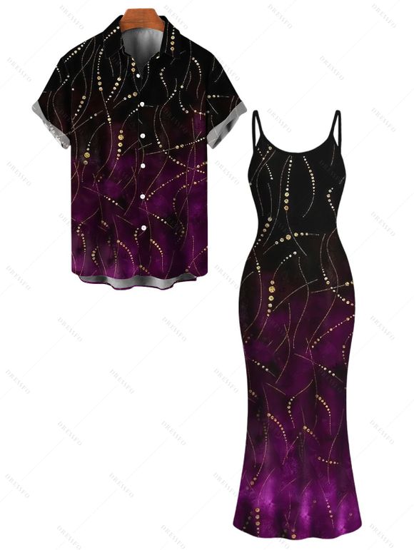 Vacation Couple Outfit Ombre Rhinestone Curve Line Print Spaghetti Strap Bodycon Dress and Shirt Set - Noir S | US 4