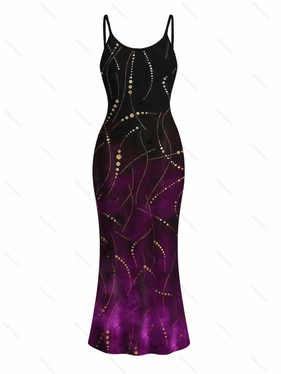 Vacation Couple Outfit Ombre Rhinestone Curve Line Print Spaghetti Strap Bodycon Dress and Shirt Set - Noir S | US 4