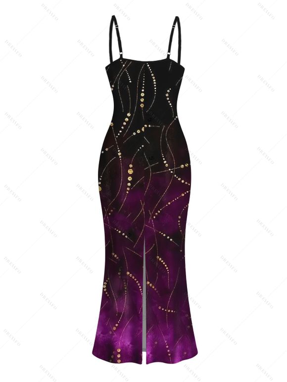 Vacation Couple Outfit Ombre Rhinestone Curve Line Print Spaghetti Strap Bodycon Dress and Shirt Set - Noir S | US 4
