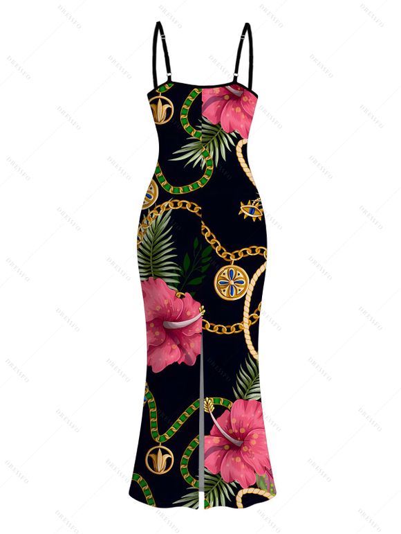 Vacation Dress Gold Chain Tropical Hibiscus Floral Palm Leaf Print Spaghetti Strap Bodycon Dress - Noir XXL | US 14