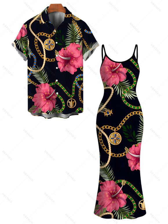 Vacation Couple Outfit Gold Chain Tropical Hibiscus Floral Palm Leaf Print Spaghetti Strap Bodycon Dress and Shirt Set - Noir S | US 4