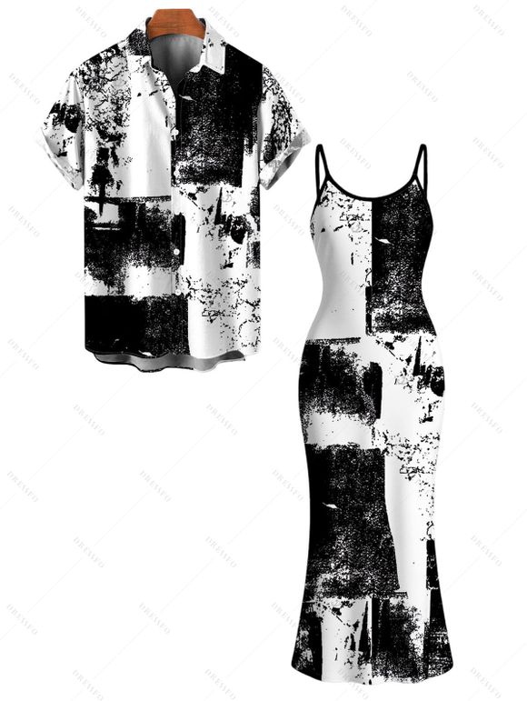 Vacation Couple Outfit Monochrome Distressed Ink Geometric Print Spaghetti Strap Bodycon Dress and Shirt Set - Noir S | US 4