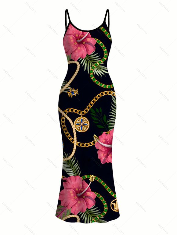 Vacation Couple Outfit Gold Chain Tropical Hibiscus Floral Palm Leaf Print Spaghetti Strap Bodycon Dress and Shirt Set - Noir S | US 4
