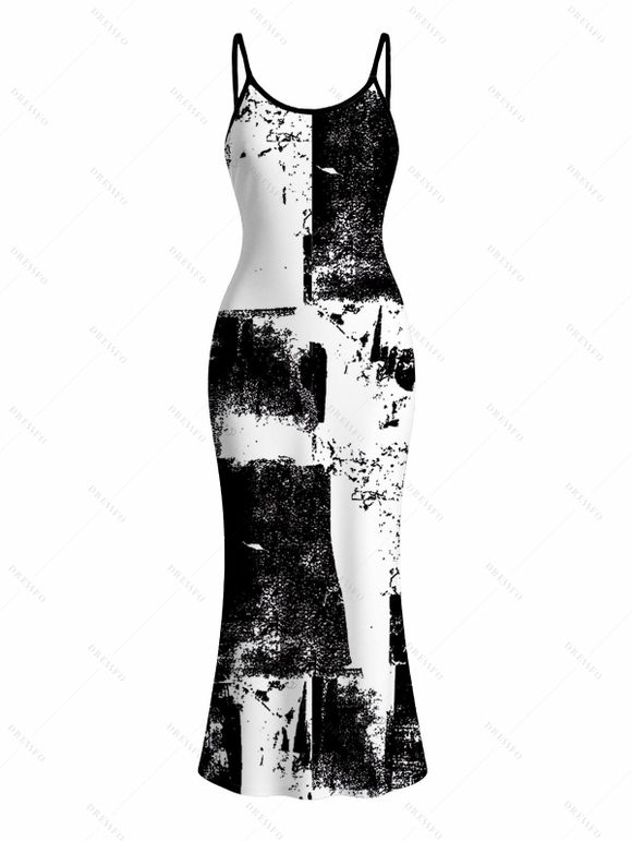 Vacation Couple Outfit Monochrome Distressed Ink Geometric Print Spaghetti Strap Bodycon Dress and Shirt Set - Noir S | US 4