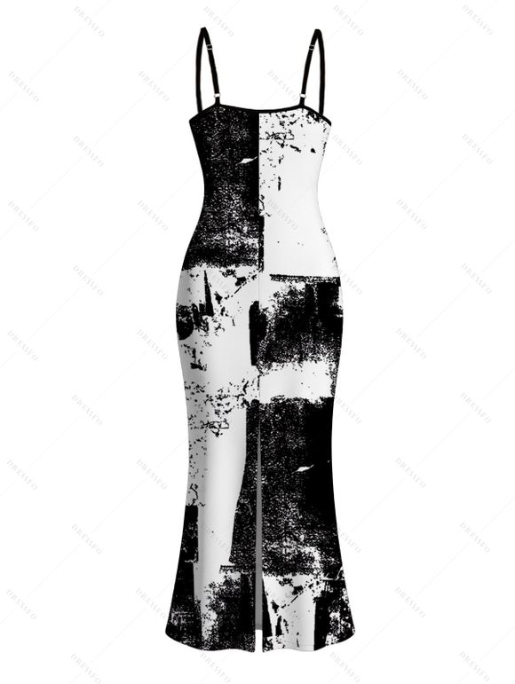 Vacation Couple Outfit Monochrome Distressed Ink Geometric Print Spaghetti Strap Bodycon Dress and Shirt Set - Noir S | US 4
