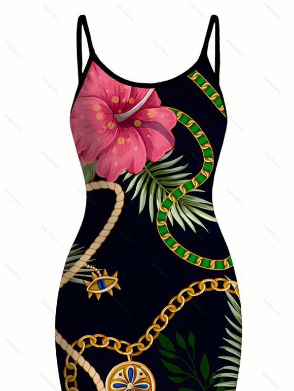 Vacation Couple Outfit Gold Chain Tropical Hibiscus Floral Palm Leaf Print Spaghetti Strap Bodycon Dress and Shirt Set - Noir S | US 4