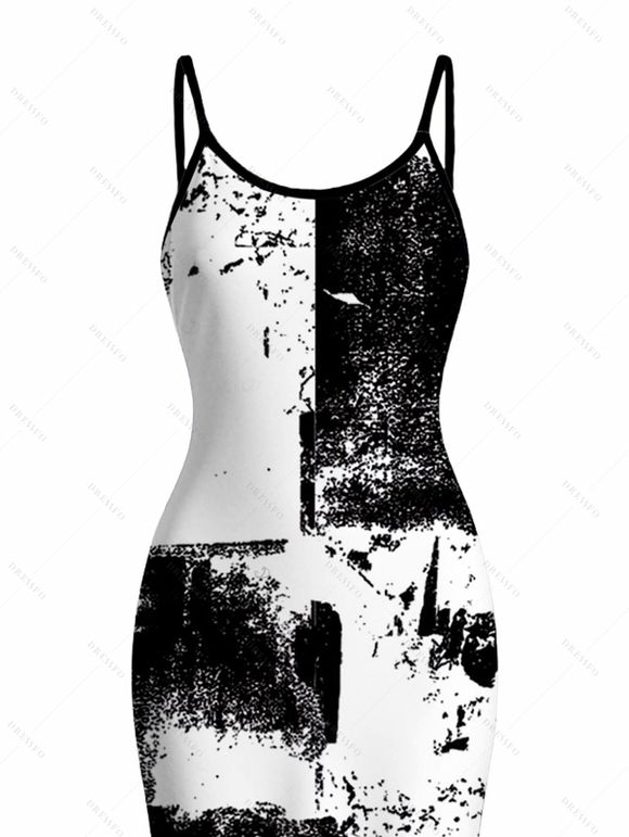 Vacation Couple Outfit Monochrome Distressed Ink Geometric Print Spaghetti Strap Bodycon Dress and Shirt Set - Noir S | US 4