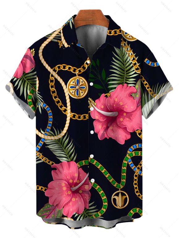 Vacation Couple Outfit Gold Chain Tropical Hibiscus Floral Palm Leaf Print Spaghetti Strap Bodycon Dress and Shirt Set - Noir S | US 4