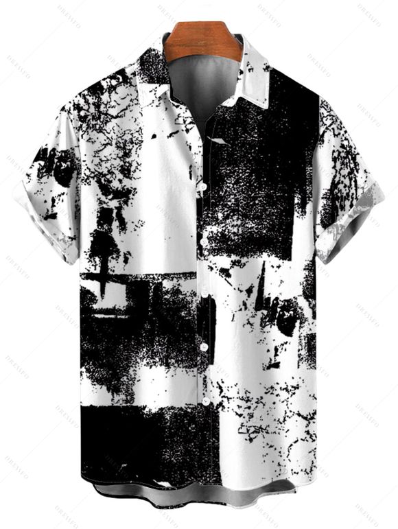 Vacation Couple Outfit Monochrome Distressed Ink Geometric Print Spaghetti Strap Bodycon Dress and Shirt Set - Noir S | US 4